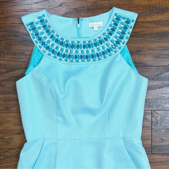 Shoshanna • Jewel Neck Sheath Dress mini cocktail aqua turquoise embellished - Picture 3 of 10
